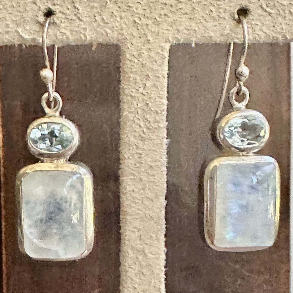 dangle moonstone +  blue topaz sterling silver earrings
